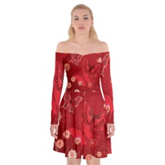 Four Red Butterflies With Flower Illustration Butterfly Flowers Off Shoulder Skater Dress by B30l