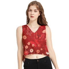 Four Red Butterflies With Flower Illustration Butterfly Flowers V-neck Cropped Tank Top by B30l