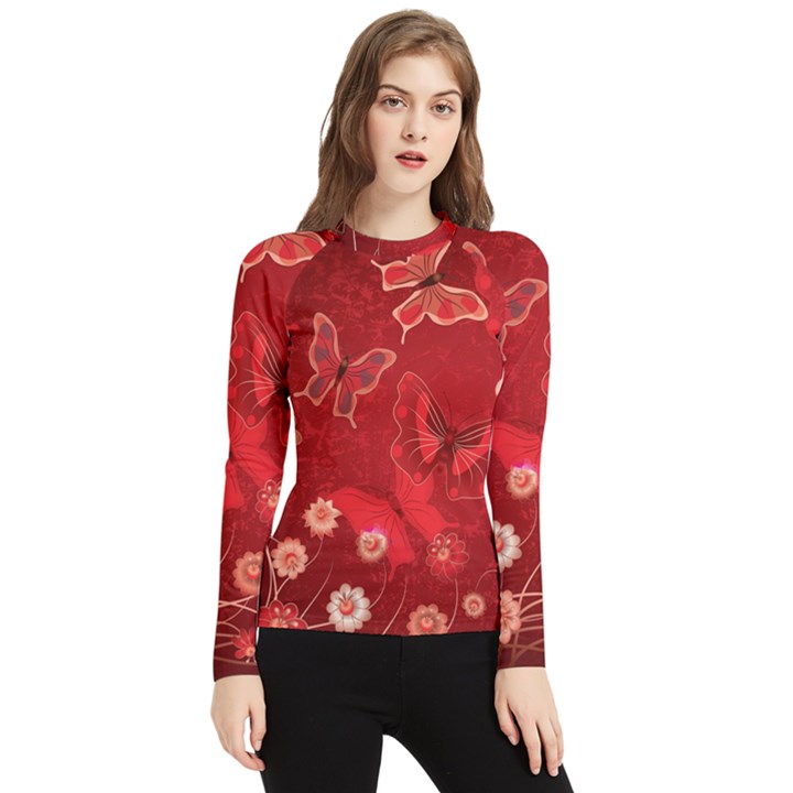 Four Red Butterflies With Flower Illustration Butterfly Flowers Women s Long Sleeve Rash Guard