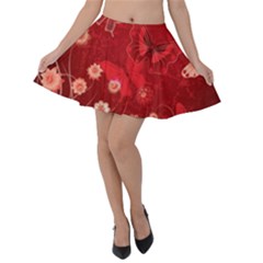 Four Red Butterflies With Flower Illustration Butterfly Flowers Velvet Skater Skirt