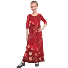 Four Red Butterflies With Flower Illustration Butterfly Flowers Kids  Quarter Sleeve Maxi Dress by B30l