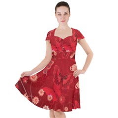 Four Red Butterflies With Flower Illustration Butterfly Flowers Cap Sleeve Midi Dress by B30l