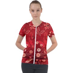 Four Red Butterflies With Flower Illustration Butterfly Flowers Short Sleeve Zip Up Jacket by B30l