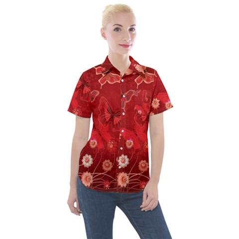 Four Red Butterflies With Flower Illustration Butterfly Flowers Women s Short Sleeve Pocket Shirt by B30l