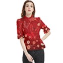 Four Red Butterflies With Flower Illustration Butterfly Flowers Frill Neck Blouse View1