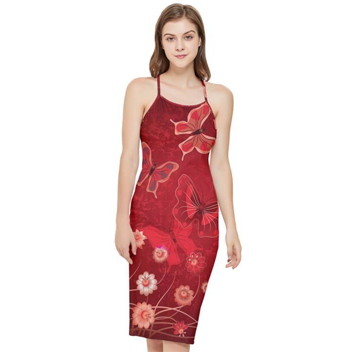 Four Red Butterflies With Flower Illustration Butterfly Flowers Bodycon Cross Back Summer Dress