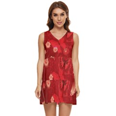 Four Red Butterflies With Flower Illustration Butterfly Flowers Tiered Sleeveless Mini Dress by B30l