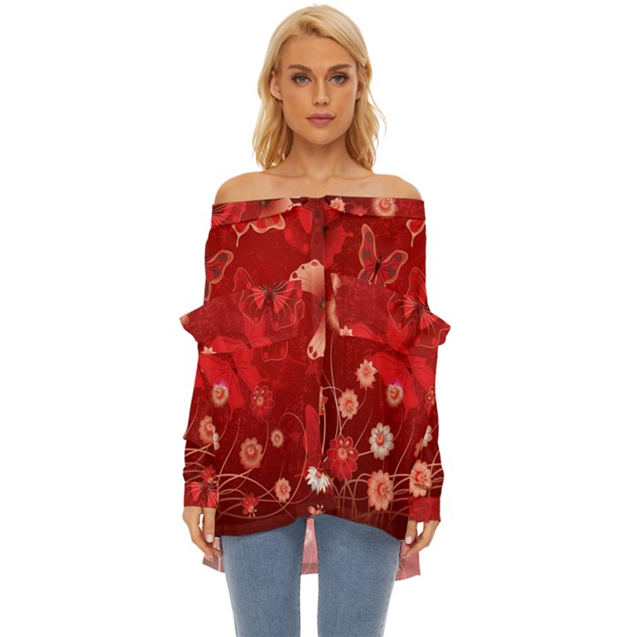 Four Red Butterflies With Flower Illustration Butterfly Flowers Off Shoulder Chiffon Pocket Shirt