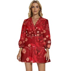 Four Red Butterflies With Flower Illustration Butterfly Flowers V-neck Placket Mini Dress by B30l