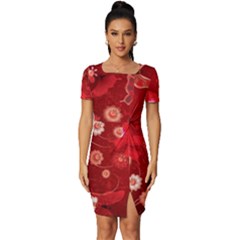 Four Red Butterflies With Flower Illustration Butterfly Flowers Fitted Knot Split End Bodycon Dress by B30l