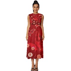 Four Red Butterflies With Flower Illustration Butterfly Flowers Sleeveless Round Neck Midi Dress by B30l