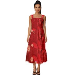 Four Red Butterflies With Flower Illustration Butterfly Flowers Square Neckline Tiered Midi Dress by B30l