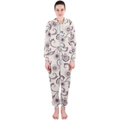 White And Brown Floral Wallpaper Flowers Background Pattern Hooded Jumpsuit (ladies)