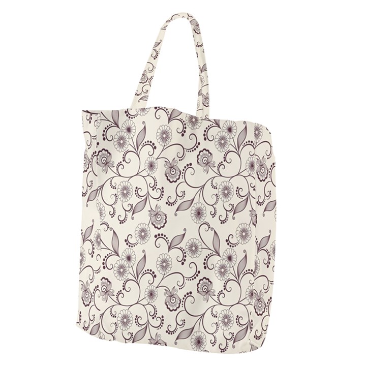 White And Brown Floral Wallpaper Flowers Background Pattern Giant Grocery Tote