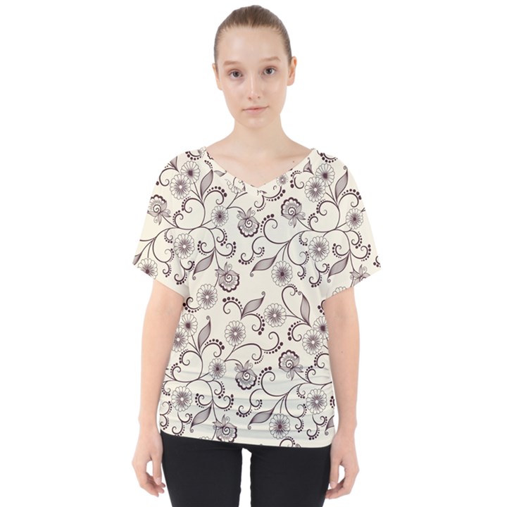 White And Brown Floral Wallpaper Flowers Background Pattern V-Neck Dolman Drape Top