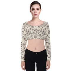 White And Brown Floral Wallpaper Flowers Background Pattern Velvet Long Sleeve Crop Top