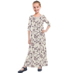 White And Brown Floral Wallpaper Flowers Background Pattern Kids  Quarter Sleeve Maxi Dress by B30l