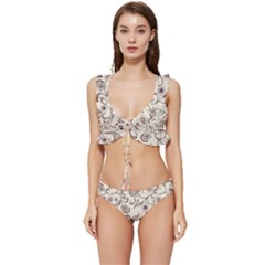 White And Brown Floral Wallpaper Flowers Background Pattern Low Cut Ruffle Edge Bikini Set by B30l