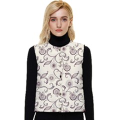 White And Brown Floral Wallpaper Flowers Background Pattern Women s Short Button Up Puffer Vest