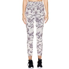 White And Brown Floral Wallpaper Flowers Background Pattern Pocket Leggings  by B30l