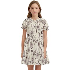 White And Brown Floral Wallpaper Flowers Background Pattern Kids  Bow Tie Puff Sleeve Dress by B30l