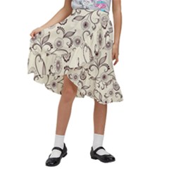 White And Brown Floral Wallpaper Flowers Background Pattern Kids  Ruffle Flared Wrap Midi Skirt by B30l