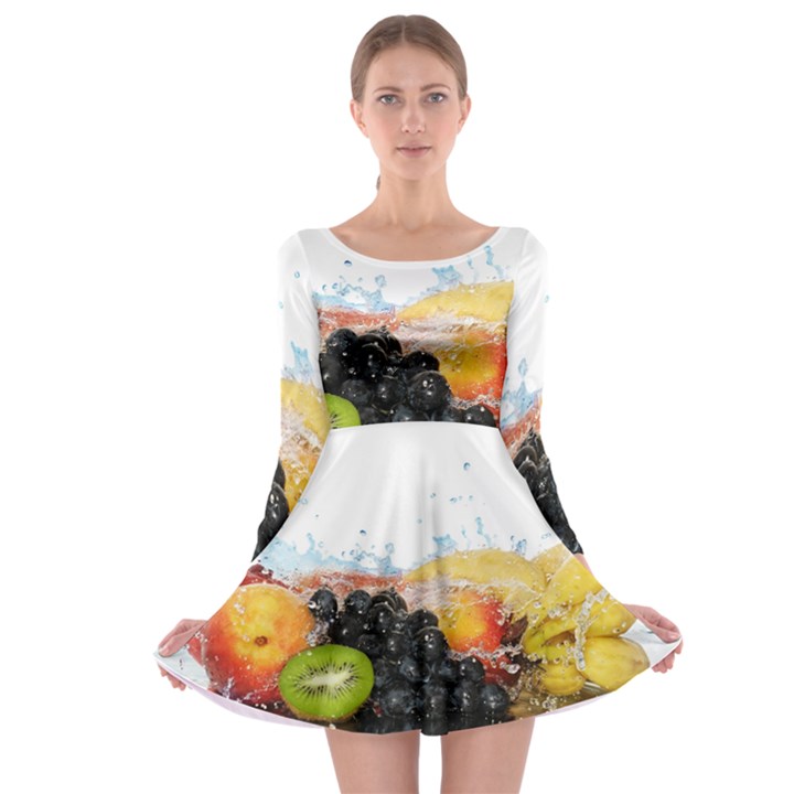 Variety Of Fruit Water Berry Food Splash Kiwi Grape Long Sleeve Skater Dress