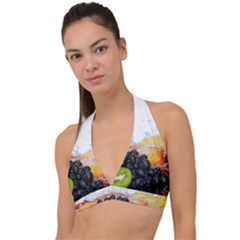 Variety Of Fruit Water Berry Food Splash Kiwi Grape Halter Plunge Bikini Top by B30l