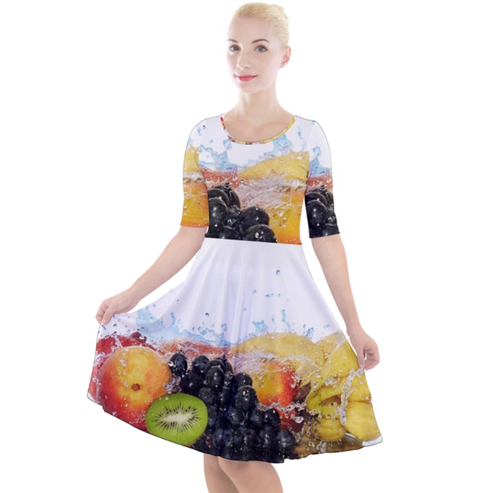 Variety Of Fruit Water Berry Food Splash Kiwi Grape Quarter Sleeve A-Line Dress