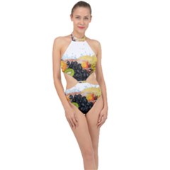 Variety Of Fruit Water Berry Food Splash Kiwi Grape Halter Side Cut Swimsuit by B30l