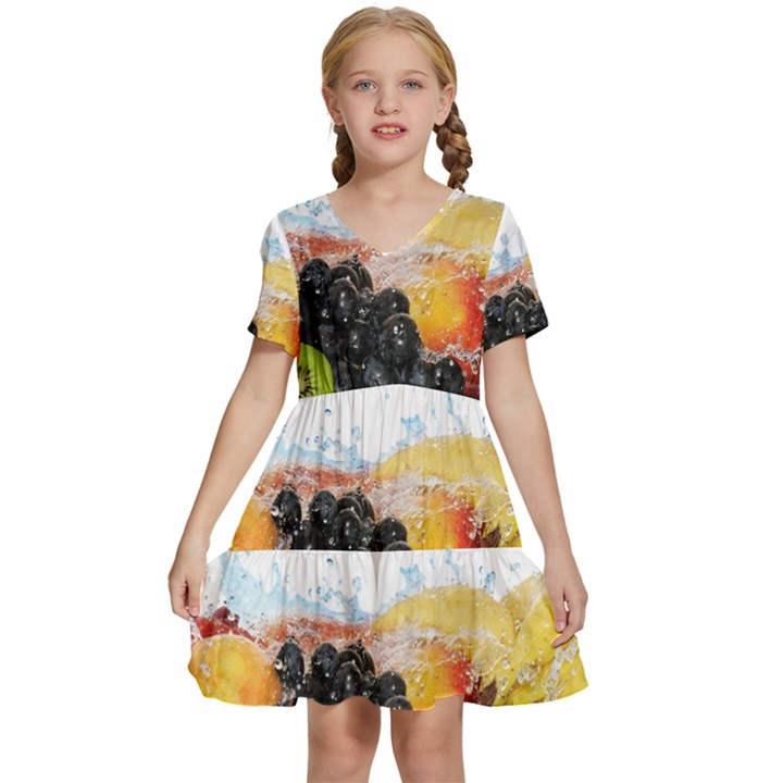 Variety Of Fruit Water Berry Food Splash Kiwi Grape Kids  Short Sleeve Tiered Mini Dress