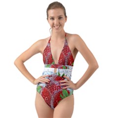 Red Strawberries Water Squirt Strawberry Fresh Splash Drops Halter Cut-out One Piece Swimsuit by B30l