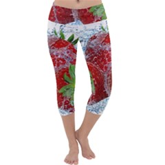 Red Strawberries Water Squirt Strawberry Fresh Splash Drops Capri Yoga Leggings by B30l