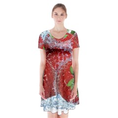 Red Strawberries Water Squirt Strawberry Fresh Splash Drops Short Sleeve V-neck Flare Dress by B30l