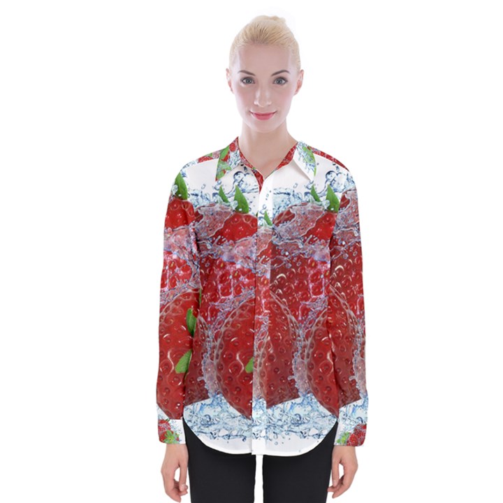 Red Strawberries Water Squirt Strawberry Fresh Splash Drops Womens Long Sleeve Shirt