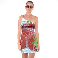 Red Strawberries Water Squirt Strawberry Fresh Splash Drops One Shoulder Ring Trim Bodycon Dress