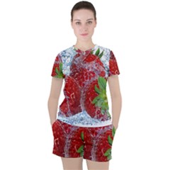 Red Strawberries Water Squirt Strawberry Fresh Splash Drops Women s Tee And Shorts Set