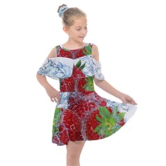 Red Strawberries Water Squirt Strawberry Fresh Splash Drops Kids  Shoulder Cutout Chiffon Dress by B30l