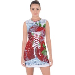 Red Strawberries Water Squirt Strawberry Fresh Splash Drops Lace Up Front Bodycon Dress by B30l