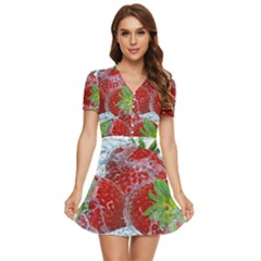 Red Strawberries Water Squirt Strawberry Fresh Splash Drops V-neck High Waist Chiffon Mini Dress by B30l