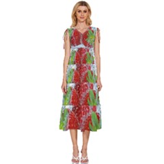 Red Strawberries Water Squirt Strawberry Fresh Splash Drops V-neck Drawstring Shoulder Sleeveless Maxi Dress by B30l