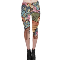 Multicolored Flower Decor Flowers Patterns Leaves Colorful Capri Leggings 