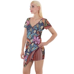 Multicolored Flower Decor Flowers Patterns Leaves Colorful Short Sleeve Asymmetric Mini Dress by B30l