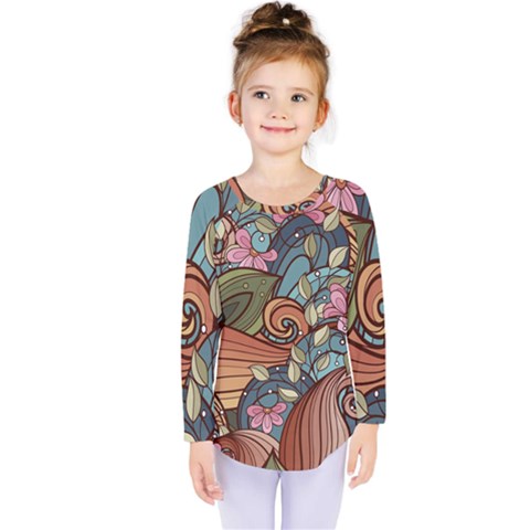 Multicolored Flower Decor Flowers Patterns Leaves Colorful Kids  Long Sleeve Tee by B30l