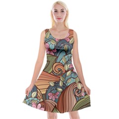 Multicolored Flower Decor Flowers Patterns Leaves Colorful Reversible Velvet Sleeveless Dress by B30l