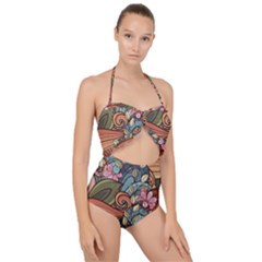 Multicolored Flower Decor Flowers Patterns Leaves Colorful Scallop Top Cut Out Swimsuit by B30l