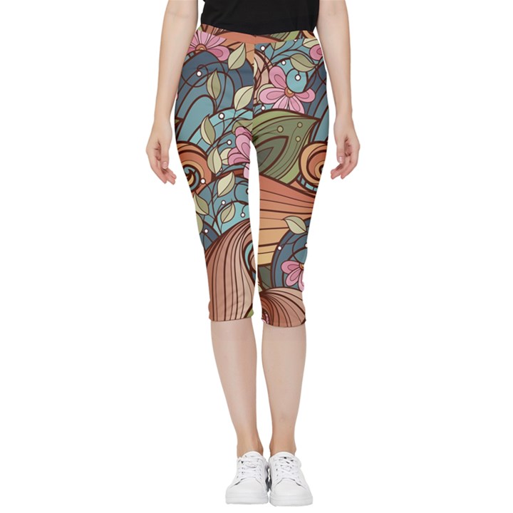 Multicolored Flower Decor Flowers Patterns Leaves Colorful Inside Out Lightweight Velour Capri Leggings 