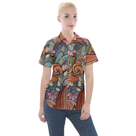 Multicolored Flower Decor Flowers Patterns Leaves Colorful Women s Short Sleeve Pocket Shirt by B30l