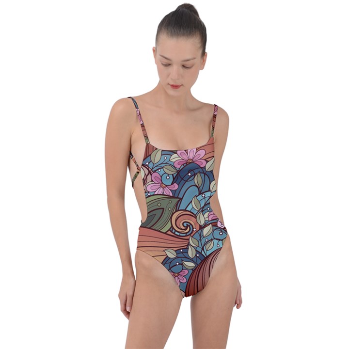 Multicolored Flower Decor Flowers Patterns Leaves Colorful Tie Strap One Piece Swimsuit