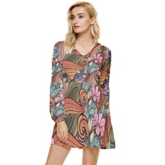 Multicolored Flower Decor Flowers Patterns Leaves Colorful Tiered Long Sleeve Mini Dress by B30l